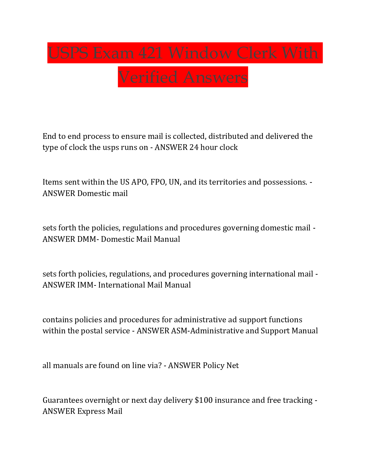 Preview of USPS Exam 421 Window Clerk With  Verified Answers
